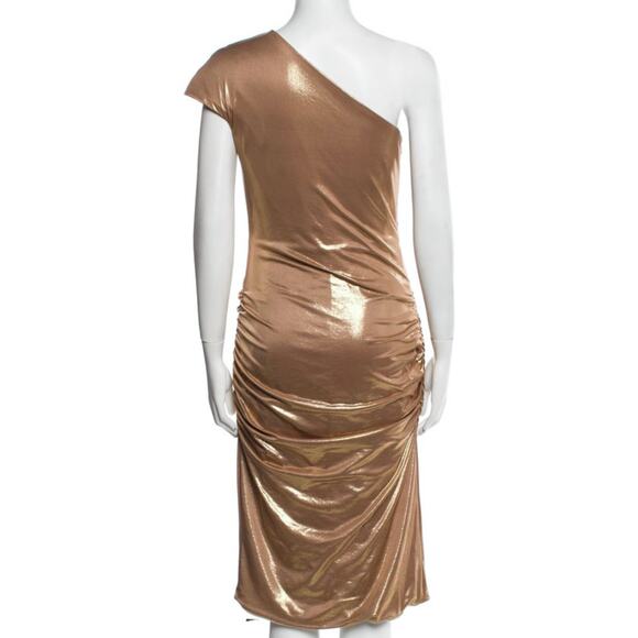 Rene Ruiz Metallic Gold One Shoulder Ruched Midi Cocktail Dress 4 NWT - Picture 3 of 10